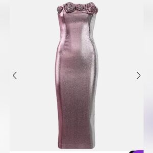 AREA
Floral-appliqué lamé midi dress rose floral trim metallic pink/purple dress